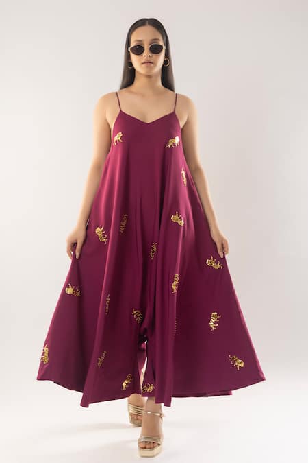 Buy_Kriti Bapna_Maroon Modal Ribbons Sweetheart Neck Horse Embellished Jumpsuit _Online_at_Aza_Fashions