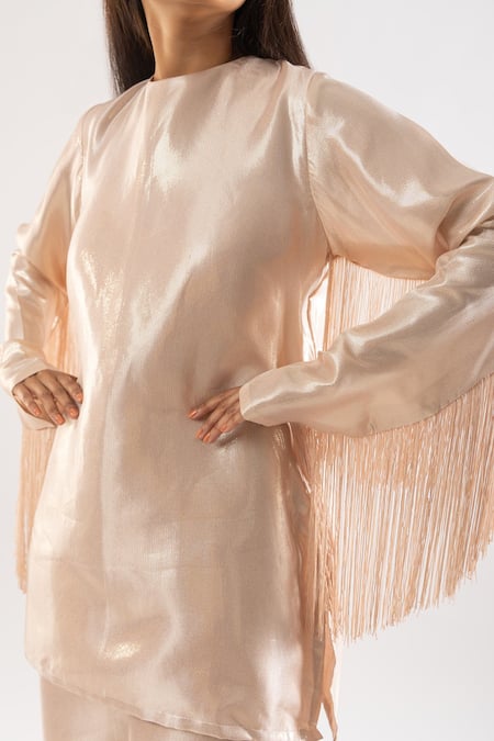 Buy_Kriti Bapna_Pink Silk Fringe Round Neck Solid Sleeve Kurta Set _Online_at_Aza_Fashions