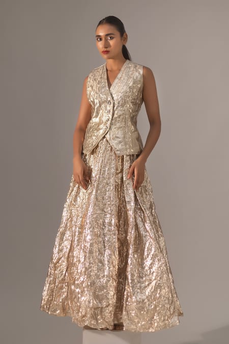 Kriti Bapna Gold Gota Shimmer Waistcoat & Skirt Set 