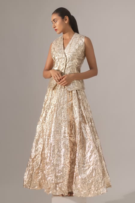 Buy_Kriti Bapna_Gold Gota Patti V-neck Shimmer Waistcoat And Skirt Set _Online_at_Aza_Fashions