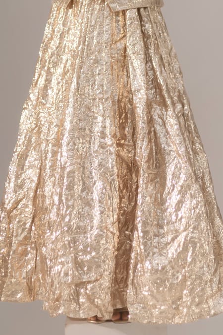 Shop_Kriti Bapna_Gold Gota Patti V-neck Shimmer Waistcoat And Skirt Set _Online_at_Aza_Fashions