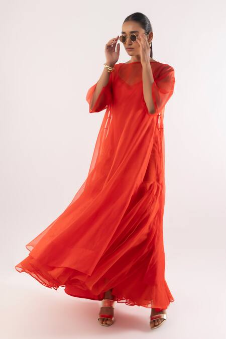 Kriti Bapna Orange Organza, Satin Round , Sweetheart Sheer Kurta Dress Set Online at Aza Fashions Kriti Bapna_Orange Organza, Satin Round , Sweetheart Sheer Kurta Dress Set _Online_at_Aza_Fashions