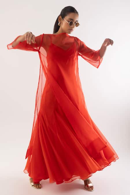 Shop Kriti Bapna Orange Organza, Satin Round , Sweetheart Sheer Kurta Dress Set Online at Aza Fashions Shop_Kriti Bapna_Orange Organza, Satin Round , Sweetheart Sheer Kurta Dress Set _Online_at_Aza_Fashions