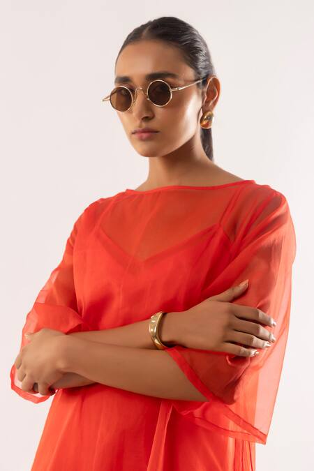 Kriti Bapna Orange Organza, Satin Round , Sweetheart Sheer Kurta Dress Set at Aza Fashions Kriti Bapna_Orange Organza, Satin Round , Sweetheart Sheer Kurta Dress Set _at_Aza_Fashions