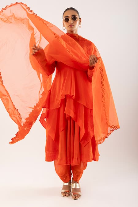 Kriti Bapna Orange Applique Layered Kurta Dhoti Set 