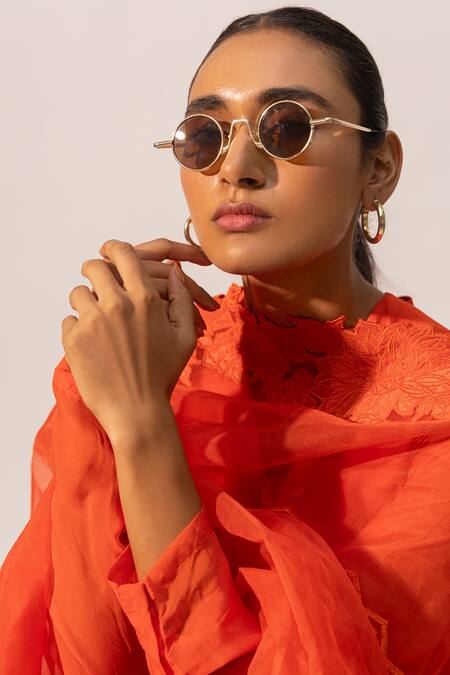 Kriti Bapna_Orange Viscose, Organza Applique V-neck Layered Kurta Dhoti Set _Online_at_Aza_Fashions