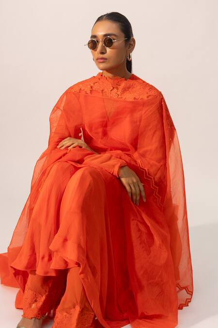 Buy_Kriti Bapna_Orange Viscose, Organza Applique V-neck Layered Kurta Dhoti Set _Online_at_Aza_Fashions