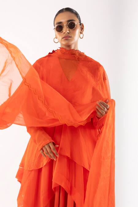 Shop_Kriti Bapna_Orange Viscose, Organza Applique V-neck Layered Kurta Dhoti Set _Online_at_Aza_Fashions