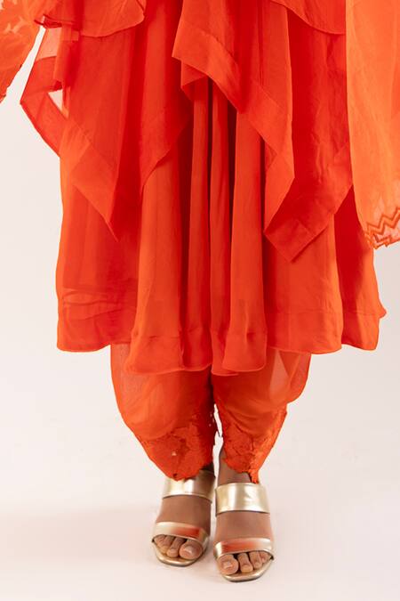 Kriti Bapna_Orange Viscose, Organza Applique V-neck Layered Kurta Dhoti Set _at_Aza_Fashions