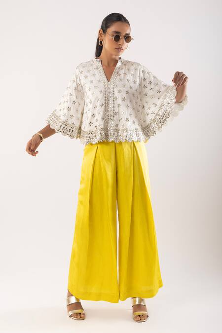 Kriti Bapna_Ivory Mirror Embellished Cape And Pant Set _Online_at_Aza_Fashions