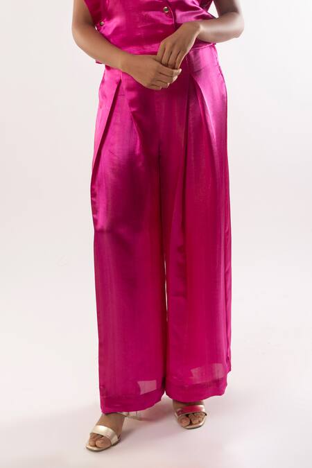 Kriti Bapna_Pink Satin Collared Silk Cropped Jacket And Pant Set _Online_at_Aza_Fashions