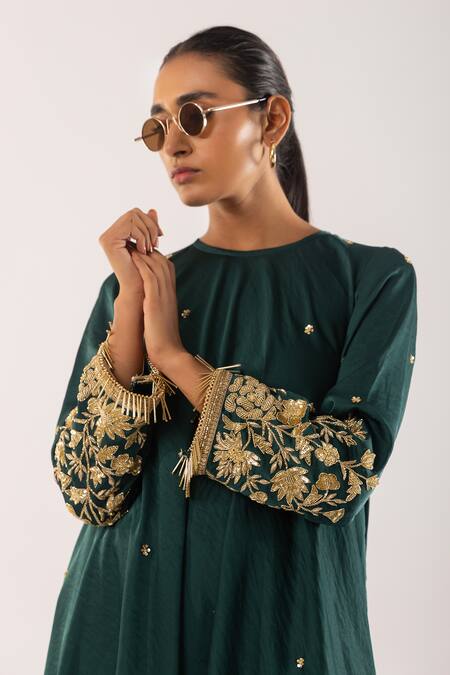 Shop_Kriti Bapna_Green Satin, Brocade Beads, Zari Round Neck Placed Zardozi Embroidered Kurta Set _Online_at_Aza_Fashions