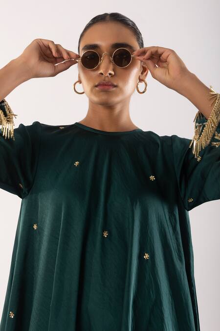 Kriti Bapna_Green Satin, Brocade Beads, Zari Round Neck Placed Zardozi Embroidered Kurta Set _at_Aza_Fashions