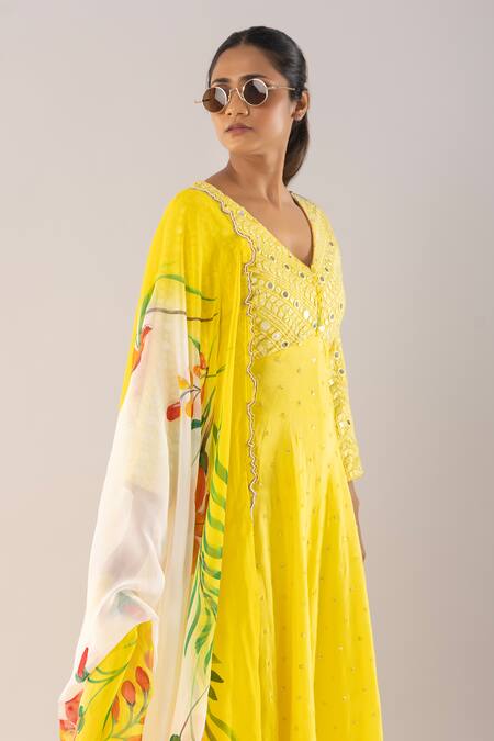 Buy_Kriti Bapna_Yellow Viscose, Silk Sequins, Embroidery V-neck Floral Mirrorwork Anarkali Set _Online_at_Aza_Fashions