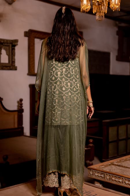 Shop Pooja-Keyur Green Silk, Organza Embroidery Open Neck Blossom Cutwork Cape And Pant Set at Aza Fashions Shop_Pooja-Keyur_Green Silk, Organza Embroidery Open Neck Blossom Cutwork Cape And Pant Set _at_Aza_Fashions