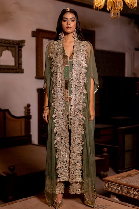 Pooja-Keyur Green Silk, Organza Embroidery Open Neck Blossom Cutwork Cape And Pant Set Online at Aza Fashions Pooja-Keyur_Green Silk, Organza Embroidery Open Neck Blossom Cutwork Cape And Pant Set _Online_at_Aza_Fashions