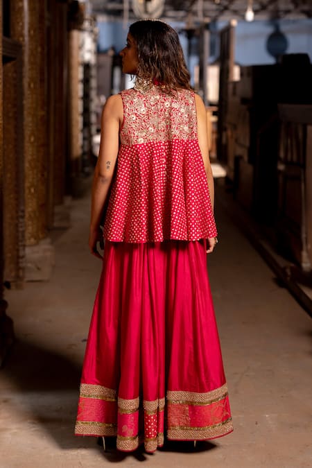 Shop Pooja-Keyur Pink Silk Embroidery, Patchwork V-, Open Bandhani Gharara And Jacket Set at Aza Fashions Shop_Pooja-Keyur_Pink Silk Embroidery, Patchwork V-, Open Bandhani Gharara And Jacket Set _at_Aza_Fashions