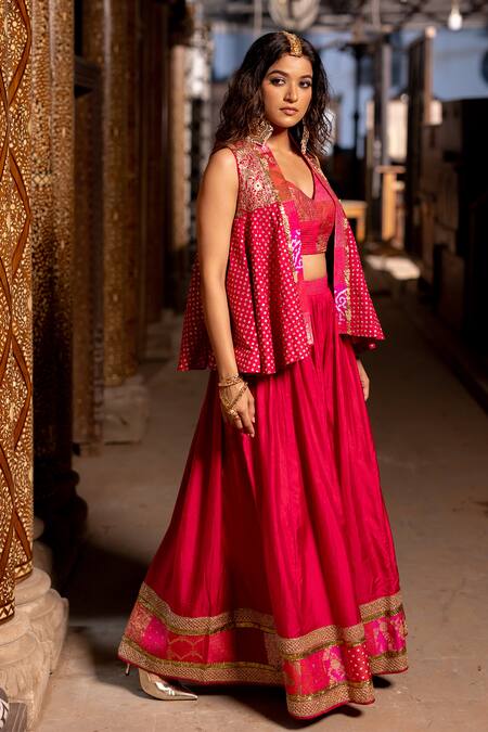 Pooja-Keyur Pink Silk Embroidery, Patchwork V-, Open Bandhani Gharara And Jacket Set Online at Aza Fashions Pooja-Keyur_Pink Silk Embroidery, Patchwork V-, Open Bandhani Gharara And Jacket Set _Online_at_Aza_Fashions