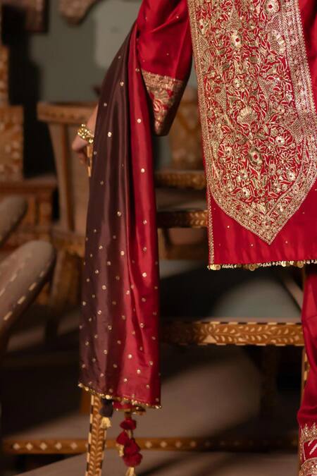 Pooja-Keyur_Maroon Silk Tassels Ditsy Aari Embroidered Dupatta _Online_at_Aza_Fashions