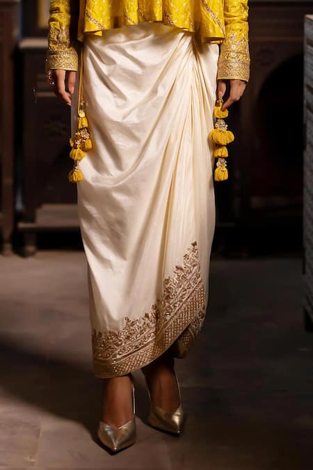 Pooja-Keyur Yellow Silk Embroidery V-neck Bandhani Peplum Kurti And Pickup Dhoti Skirt Online at Aza Fashions Pooja-Keyur_Yellow Silk Embroidery V-neck Bandhani Peplum Kurti And Pickup Dhoti Skirt _Online_at_Aza_Fashions