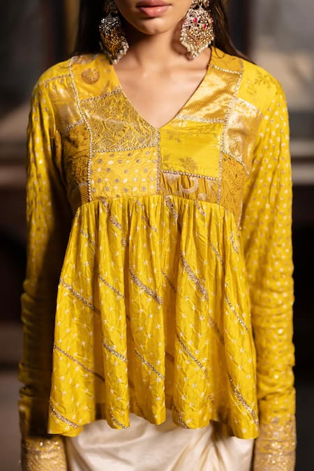 Buy Pooja-Keyur Yellow Silk Embroidery V-neck Bandhani Peplum Kurti And Pickup Dhoti Skirt Online at Aza Fashions Buy_Pooja-Keyur_Yellow Silk Embroidery V-neck Bandhani Peplum Kurti And Pickup Dhoti Skirt _Online_at_Aza_Fashions