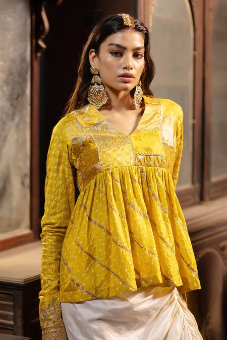 Shop Pooja-Keyur Yellow Silk Embroidery V-neck Bandhani Peplum Kurti And Pickup Dhoti Skirt Online at Aza Fashions Shop_Pooja-Keyur_Yellow Silk Embroidery V-neck Bandhani Peplum Kurti And Pickup Dhoti Skirt _Online_at_Aza_Fashions