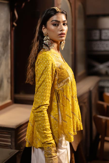 Pooja-Keyur Yellow Silk Embroidery V-neck Bandhani Peplum Kurti And Pickup Dhoti Skirt at Aza Fashions Pooja-Keyur_Yellow Silk Embroidery V-neck Bandhani Peplum Kurti And Pickup Dhoti Skirt _at_Aza_Fashions