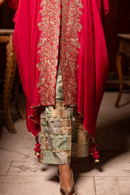 Pooja-Keyur_Pink Silk Tassels, Embroidery Bandeau Neck Aari Cowl Kaftan And Palazzo _Online_at_Aza_Fashions