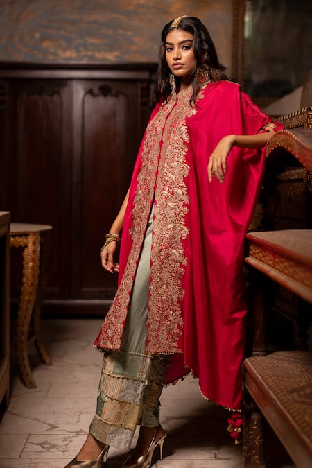 Buy_Pooja-Keyur_Pink Silk Tassels, Embroidery Bandeau Neck Aari Cowl Kaftan And Palazzo _Online_at_Aza_Fashions