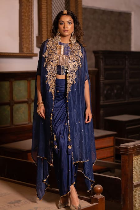 Pooja-Keyur Jaltaranga Ambrosia Aari Embroidered Cape & Draped Pickup Dhoti Skirt Set 