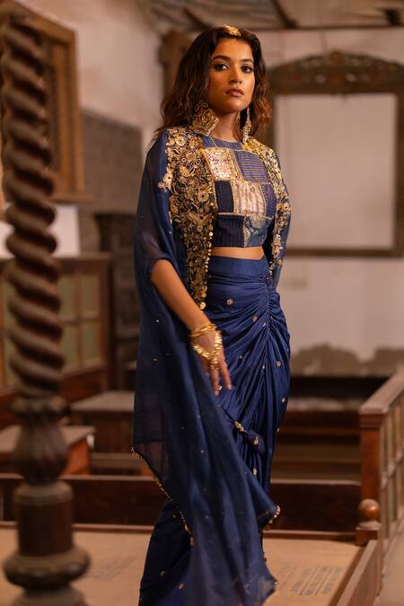 Pooja-Keyur_Blue Silk, Organza Sequins Round Neck Aari Embroidered Cape And Dhoti Skirt Set _Online_at_Aza_Fashions