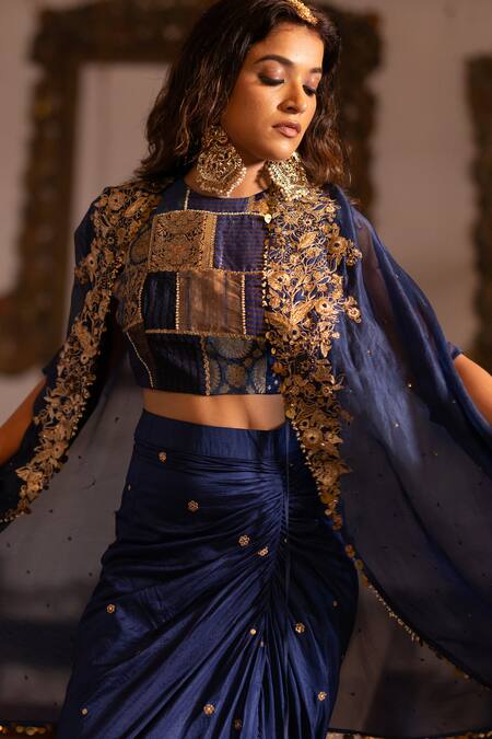 Buy_Pooja-Keyur_Blue Silk, Organza Sequins Round Neck Aari Embroidered Cape And Dhoti Skirt Set _Online_at_Aza_Fashions