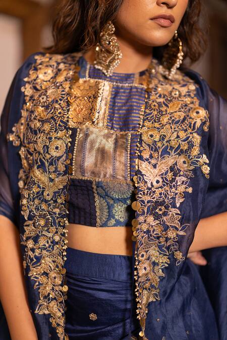 Shop_Pooja-Keyur_Blue Silk, Organza Sequins Round Neck Aari Embroidered Cape And Dhoti Skirt Set _Online_at_Aza_Fashions