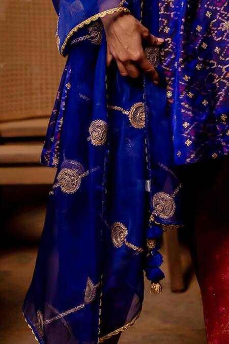Pooja-Keyur_Blue Organza Tassels Aari Embroidered Dupatta _Online_at_Aza_Fashions