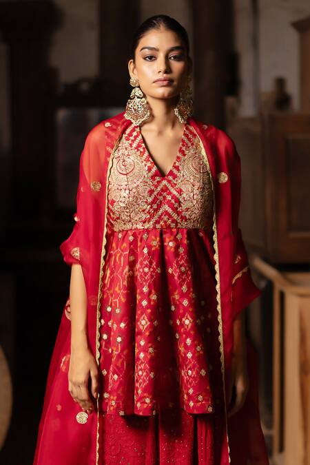 Buy Pooja-Keyur Red Silk, Cotton Embroidery, Sequins Patola Woven Short Kurta And Pleated Pant Set Online at Aza Fashions Buy_Pooja-Keyur_Red Silk, Cotton Embroidery, Sequins Patola Woven Short Kurta And Pleated Pant Set _Online_at_Aza_Fashions