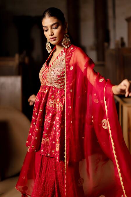 Pooja-Keyur Red Silk, Cotton Embroidery, Sequins Patola Woven Short Kurta And Pleated Pant Set at Aza Fashions Pooja-Keyur_Red Silk, Cotton Embroidery, Sequins Patola Woven Short Kurta And Pleated Pant Set _at_Aza_Fashions