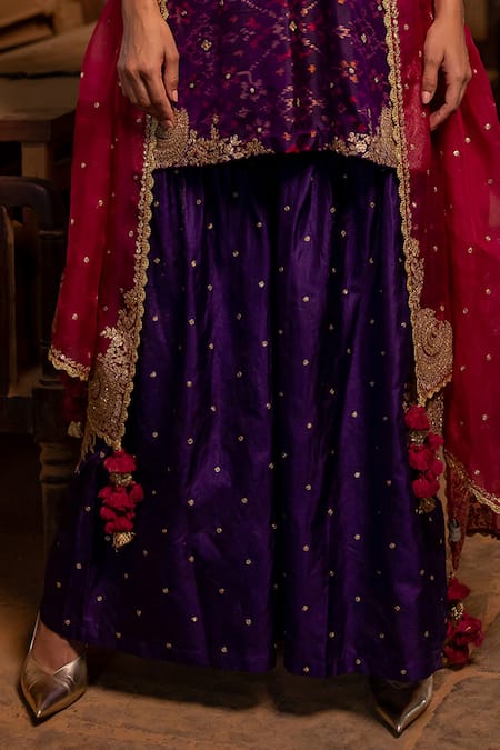 Pooja-Keyur_Purple Silk Zari V-neck Patola Woven Kurta And Sharara Set _Online_at_Aza_Fashions