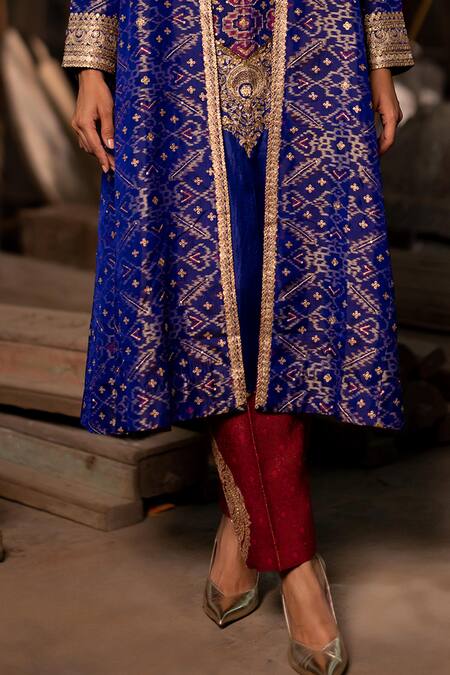 Pooja-Keyur_Blue Silk, Brocade Embroidery Round Neck Patola Woven Kaftan And Pant Set _Online_at_Aza_Fashions