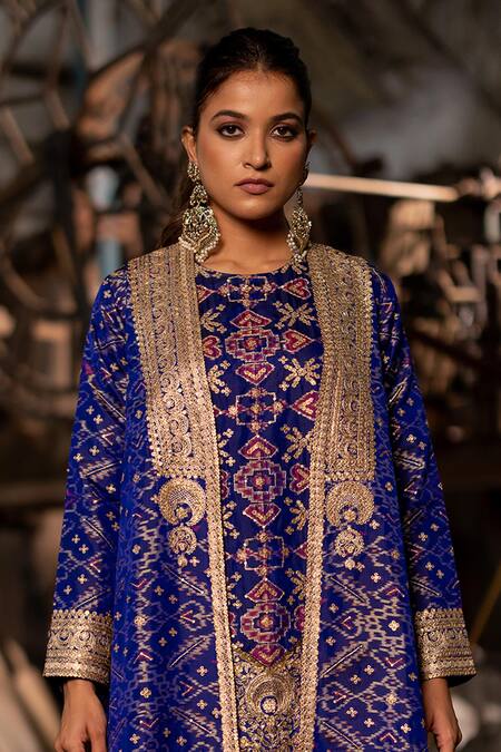 Buy_Pooja-Keyur_Blue Silk, Brocade Embroidery Round Neck Patola Woven Kaftan And Pant Set _Online_at_Aza_Fashions