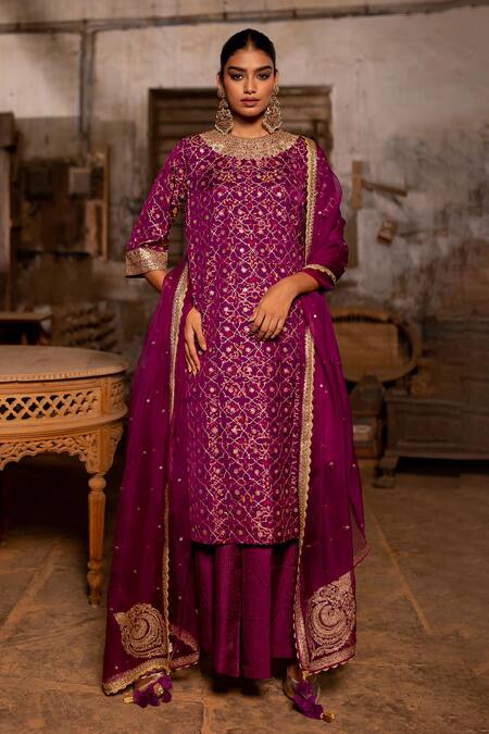 Pooja-Keyur_Magenta Silk Zari, Embroidery Round Neck Mughal Woven Kurta And Sharara Set _Online_at_Aza_Fashions