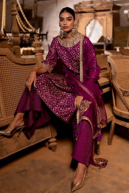 Pooja-Keyur_Magenta Silk Zari, Embroidery Round Neck Mughal Woven Kurta And Sharara Set _at_Aza_Fashions