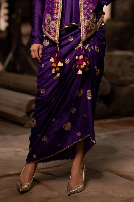 Pooja-Keyur_Purple Silk Tassels, Embroidery Open Neck, Patola Woven Jacket And Skirt Set _Online_at_Aza_Fashions