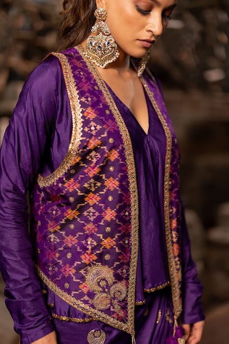 Buy_Pooja-Keyur_Purple Silk Tassels, Embroidery Open Neck, Patola Woven Jacket And Skirt Set _Online_at_Aza_Fashions
