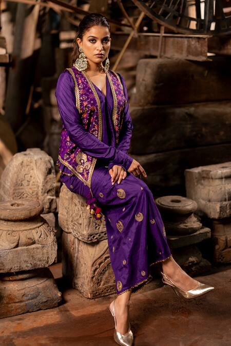 Shop_Pooja-Keyur_Purple Silk Tassels, Embroidery Open Neck, Patola Woven Jacket And Skirt Set _Online_at_Aza_Fashions