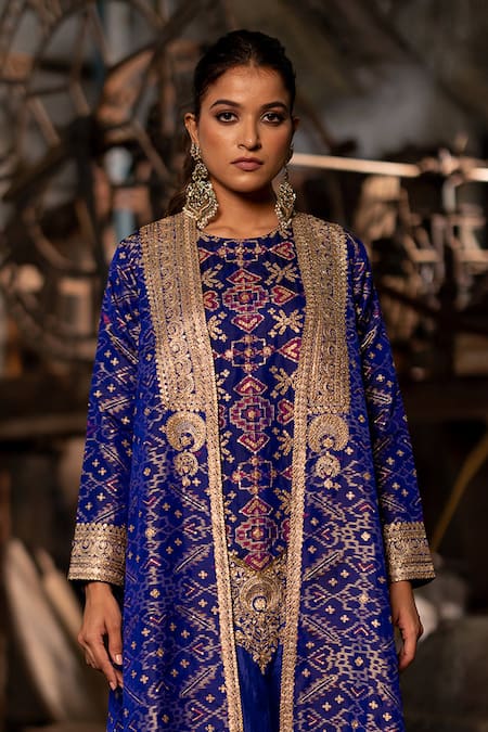 Pooja-Keyur Blue Silk Embroidery Open Neck Patola Woven A-line Jacket Online at Aza Fashions Pooja-Keyur_Blue Silk Embroidery Open Neck Patola Woven A-line Jacket _Online_at_Aza_Fashions