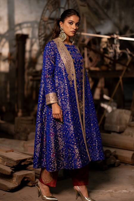 Buy Pooja-Keyur Blue Silk Embroidery Open Neck Patola Woven A-line Jacket Online at Aza Fashions Buy_Pooja-Keyur_Blue Silk Embroidery Open Neck Patola Woven A-line Jacket _Online_at_Aza_Fashions