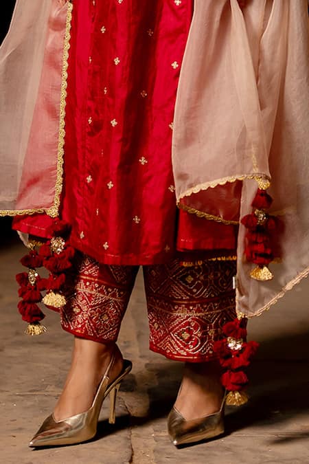 Pooja-Keyur_Red Silk Sequins, Tassels Split V-neck Aari Embroidered Anarkali And Palazzo Set _Online_at_Aza_Fashions