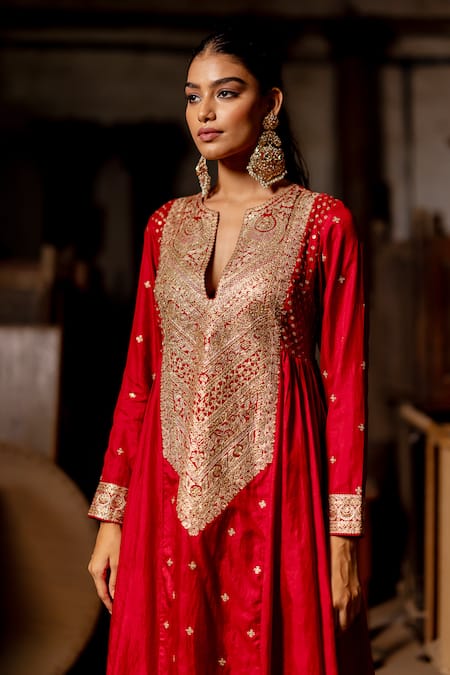 Buy_Pooja-Keyur_Red Silk Sequins, Tassels Split V-neck Aari Embroidered Anarkali And Palazzo Set _Online_at_Aza_Fashions