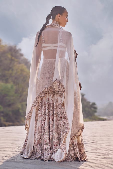Shop Ridhima Bhasin Ivory Organza, Crepe Cut Work, Pearls, Beads, 3d Blossom Patchwork Lehenga Set at Aza Fashions Shop_Ridhima Bhasin_Ivory Organza, Crepe Cut Work, Pearls, Beads, 3d Blossom Patchwork Lehenga Set _at_Aza_Fashions