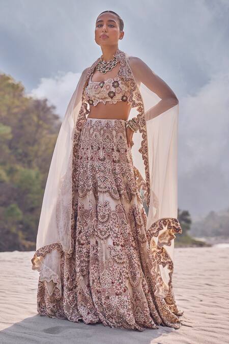 Ridhima Bhasin Ivory Organza, Crepe Cut Work, Pearls, Beads, 3d Blossom Patchwork Lehenga Set Online at Aza Fashions Ridhima Bhasin_Ivory Organza, Crepe Cut Work, Pearls, Beads, 3d Blossom Patchwork Lehenga Set _Online_at_Aza_Fashions